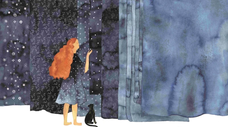 Apolenka medzi modrotlačovými látkami. Ilustrácia Veroniky Vlkovej a Jana Šrámka.